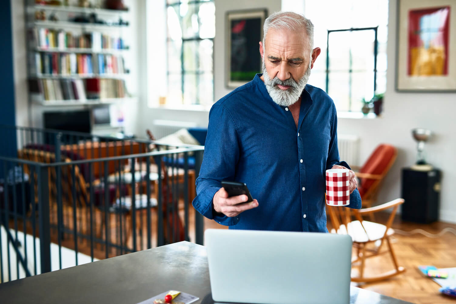 man engages with device