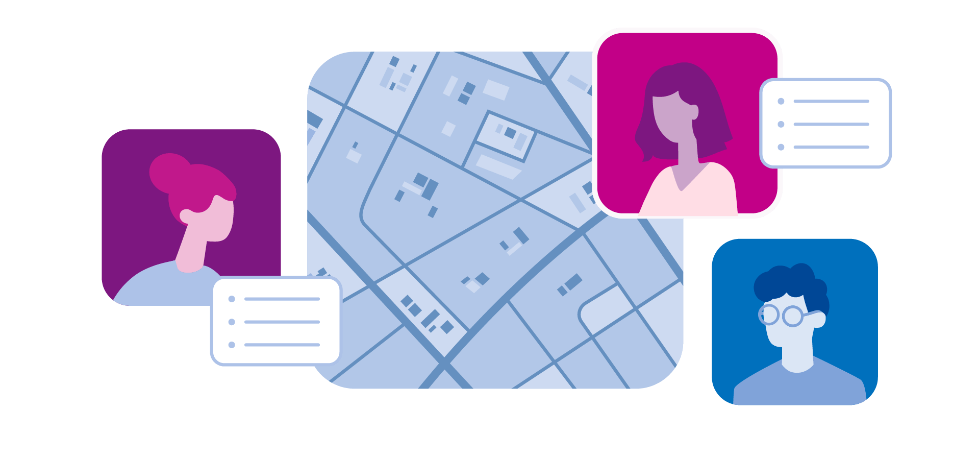 Map grid with people's profiles floating around it