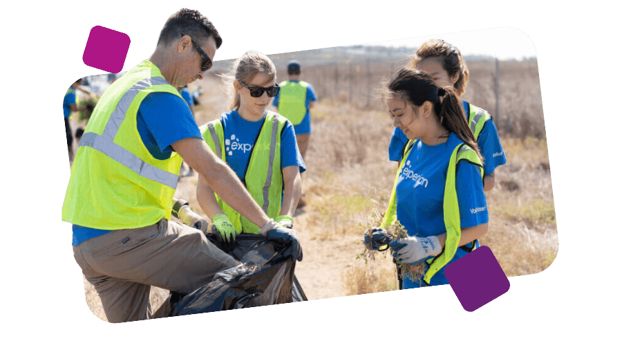 Group of Experian volunteers picking up trash on the side of the road