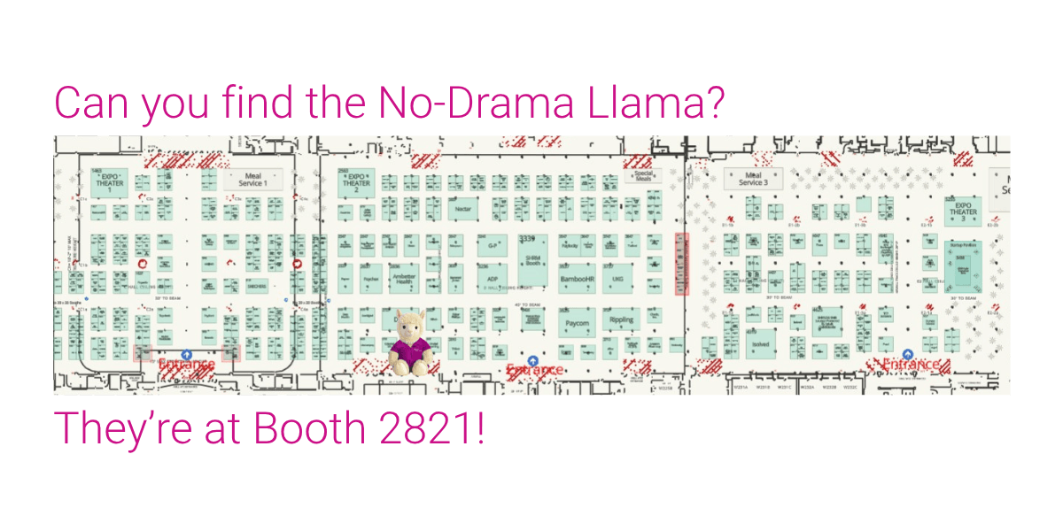 SHRM Expo Floor with Llama Indicator of Booth 2821. Text says "can you find the llama? theyre at booth 2821"