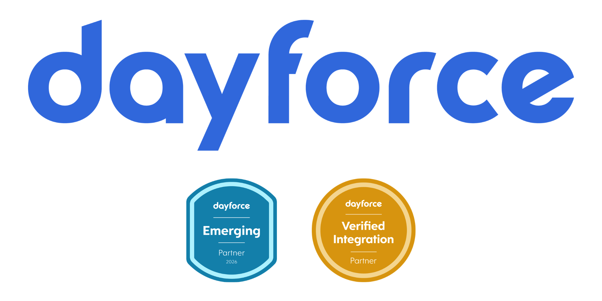 Dayforce logo in blue on a white background with badges reading “Emerging Partner” and “Verified Integration Partner.”