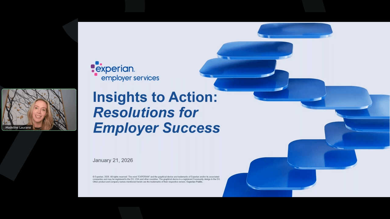 Experian Employer Services branded presentation slide on a light gray background with layered blue abstract shapes on the right. Text reads, “Insights to Action: Resolutions for Employer Success,” with the Experian Employer Services logo at top left and the date “January 21, 2026.” Slide references speakers Madeline Laurano of Aptitude Research and Tom Fischer from Experian Employer Services, supporting employer services and workforce solutions content.