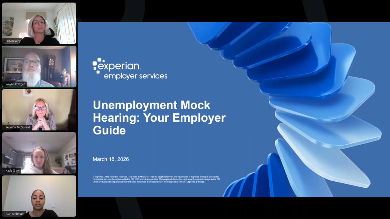 Four adults in a video call appear along the left side of a webinar slide titled “Unemployment Mock Hearing: Your Employer Guide” with Experian Employer Services branding.