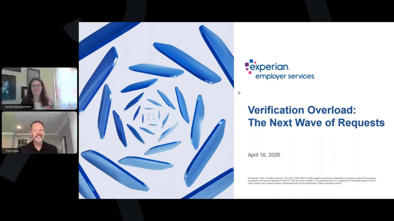 Experian Employer Services – Verification Overload: The Next Wave of Requests,” Apr 16, 2024, with a light-skinned woman and a bearded man on video at left.